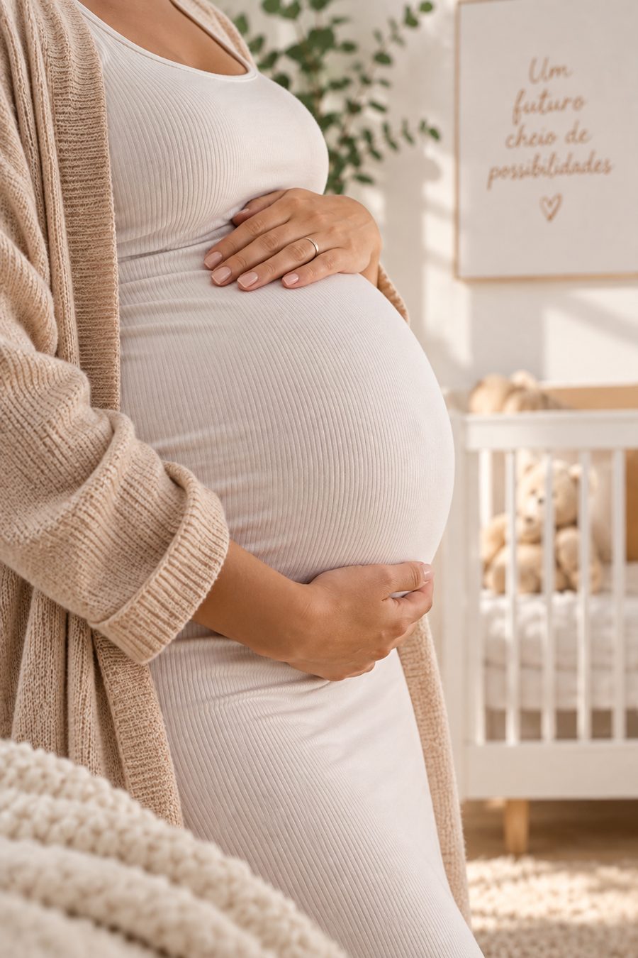 Mulher grávida com as mãos sobre a barriga, no quarto do bebê
